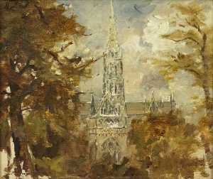 A Cathedral Seen between Trees (possibly Salisbury)