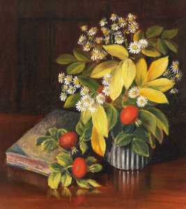 Still Life of Daisies and Rose Hips in a Vase with a Book