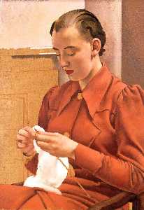 Woman in a Red Dress Knitting