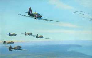 Hurricanes of 32 Squadron Attacking Dorniers over the East Coast, 1940