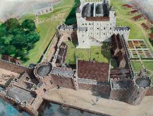 Reconstruido Vista de la Torre de De londres con el gran salón , 1300
