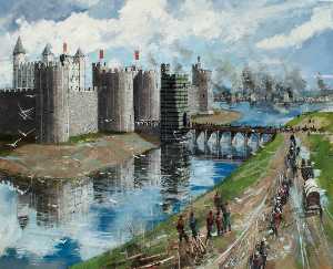 Восстановленный Вид на Башня Лондона , Генри III's новый занавес Стены и Окрашенные Ворота , 1240