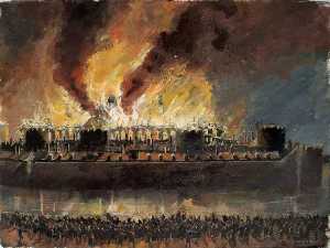 重建 视图 塔 伦敦  与 大 库 着火 , 1841