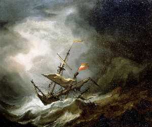 一个 地中海 brigantine漂移 到 岩石 滨  在 风暴