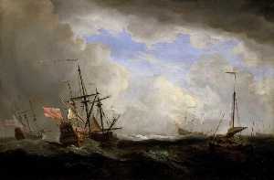 An English Ship and a Hoeker at Sea in a Gale with Other Ships
