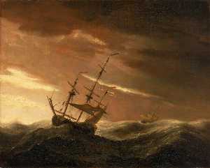 An English Ship at Sea Lying To in a Gale