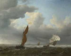 一个 荷兰 船 和别的  小 船舶  在 强大 微风