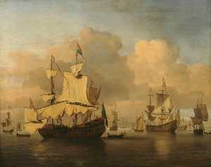 Голландский Мужчины 'O Война в морская тишь с многочисленными другие корабли