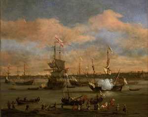 An English Merchant Ship in a Mediterranean Harbour in a Light Breeze with Other Vessels