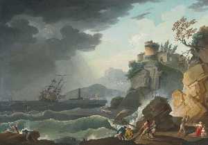 A storm at sea with figures being rescued along a rocky shore