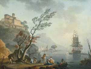 Fishermen along a rocky shore with a castle above on a promontory and shipping in a calm sea beyond