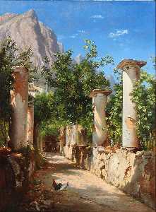 Ancient columns, Italy. In the background figures at the well. Pres. from Capri