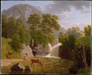 Mountain Landscape with Deer at a River