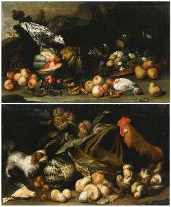 A forest floor still life with a dog, a cockerel, horse chestnuts and a melon A forest floor still life with figs, pears, melons, apricots and cucumbers