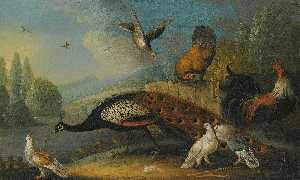 a still life with a peacock, pigeons and chickens in a river landscape
