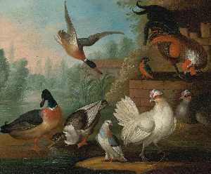 Still Life with Cockerels, Ducks, a Kingfisher and a Pigeon in a River Landscape