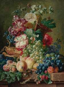 Still Life of Flowers and Fruits on a Marble Ledge