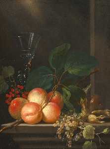 Still life with peaches, redcurrants, whitecurrants, hazelnuts and a glass, arranged on a stone ledge