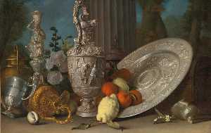 Still Life with Hercules candlestick, silver gilt ewer, lemons and oranges on a sideboard dish, nautilus shell, and other objects arranged on a ledge with a column beyond