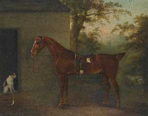 Portrait of Mr. Yarburgh's chestnut hunter Little John with a terrier beside a stable
