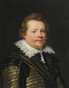portrait of a gentleman wearing a black and gold embroidered doublet and a white ruff