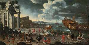 View of an imaginary port with ruins, a galley at anchor, fishermen and members of nobility