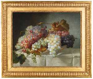 Still life with grapes in a porcelain dish
