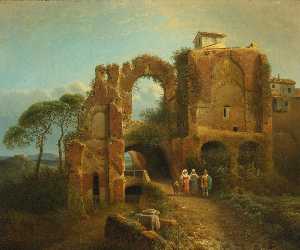 Italian landscape with figures and ruins