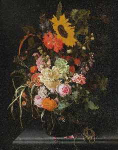 Still Life of Roses, Carnations, Marigolds and Other Flowers with a Sunflower and Striped Grass, in a Glass Vase with a Knife and String upon a Marble Ledge