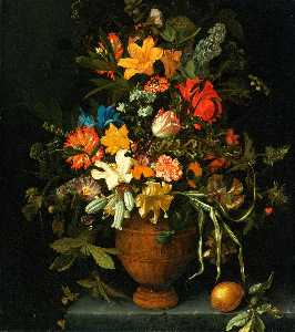 A Floral Still Life with Yellow and White Lilies, an Iris, a Sunflower, a Narcissus, etc