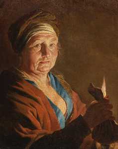 An old woman holding a purse by candlelight