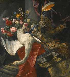 Still life of peonies, roses and other flowers in a terracotta vase, together with a swan, peacock and boar's head, resting on a red drape and an antique architectural fragment