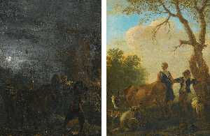 a Night scene with brigands A shepherd and shepherdess with their flock