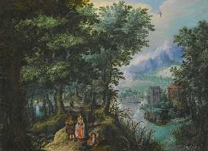 A river landscape with elegant figures on a path, a village on the far bank