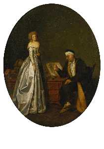 Interior with a young lady having her fortune told and Interior with a young woman visiting the doctor a pair of paintings