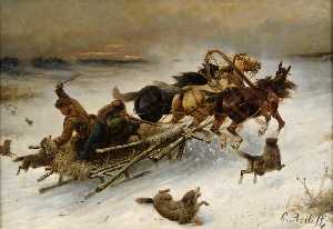 The Horse Sleigh Attacked by Wolves