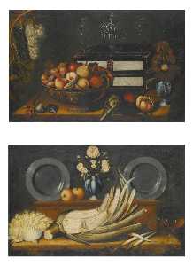 Still life with a lacquered chest, a bowl of assorted fruit, a vase of flowers, and an artichoke and a pomegranate on the ledge beneath Still life with a cardoon on a shelf, with two pewter plates and a vase of flowers on display on the shelf above