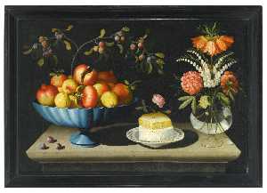 Still life with a blue bowl of pomegranates and peaches, a plate of white cheese with a honeycomb and a rose, and flowers in a glass vase