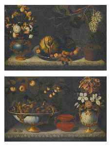 Still life with a watermelon on a pewter dish, next to gilt mounted bluestone urn of flowers Still life with plums and figs in a gilt mounted bowl, with a gilt mounted urn of flowers to the right