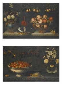 Still life with flowers in a gilt mounted bluestone vase and a bowl of apples with a sprig of pears Still life with a bowl of cherries and other fruit, a glass vase of lilies to the right