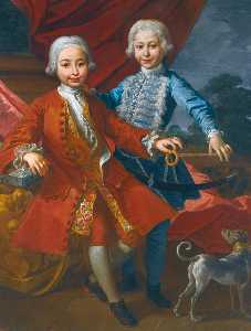 A portrait of two elegantly dressed boys in an interior playing with a dog