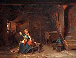 Interior With Italian Woman At The Spinningwheel