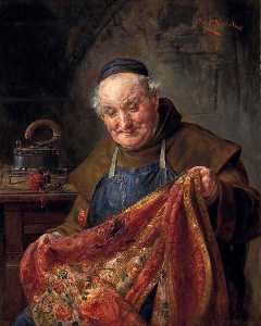 Monk Repairing a Decorative Blanket