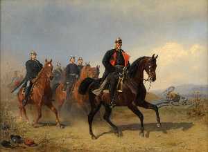 Kaiser Wilhelm I, Count of Bismarck, Moltke, Minister von Roon, Leopold of Hohenzollern and Uhlans