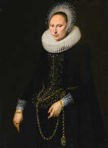 Portrait of a woman, three quarter length, wearing an elaborate lace ruff, cap and cuffs
