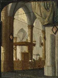 Interior of the Grote Kerk, Dordrecht with an Elegant Couple, a Trompe L'Oeil Curtain above, Set against a Feigned Black Frame