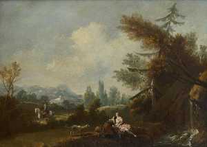 Hilly Landscape, with Two Country Women and a Dog by a Small Waterfall and a Rider on a Road