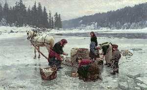 Women doing laundry through a hole in the ice