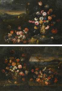 a pair of still lifes, each with vases of flowers in a coastal landscape setting