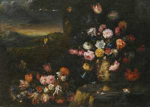 two still lifes, each with vases of flowers in a coastal landscape setting